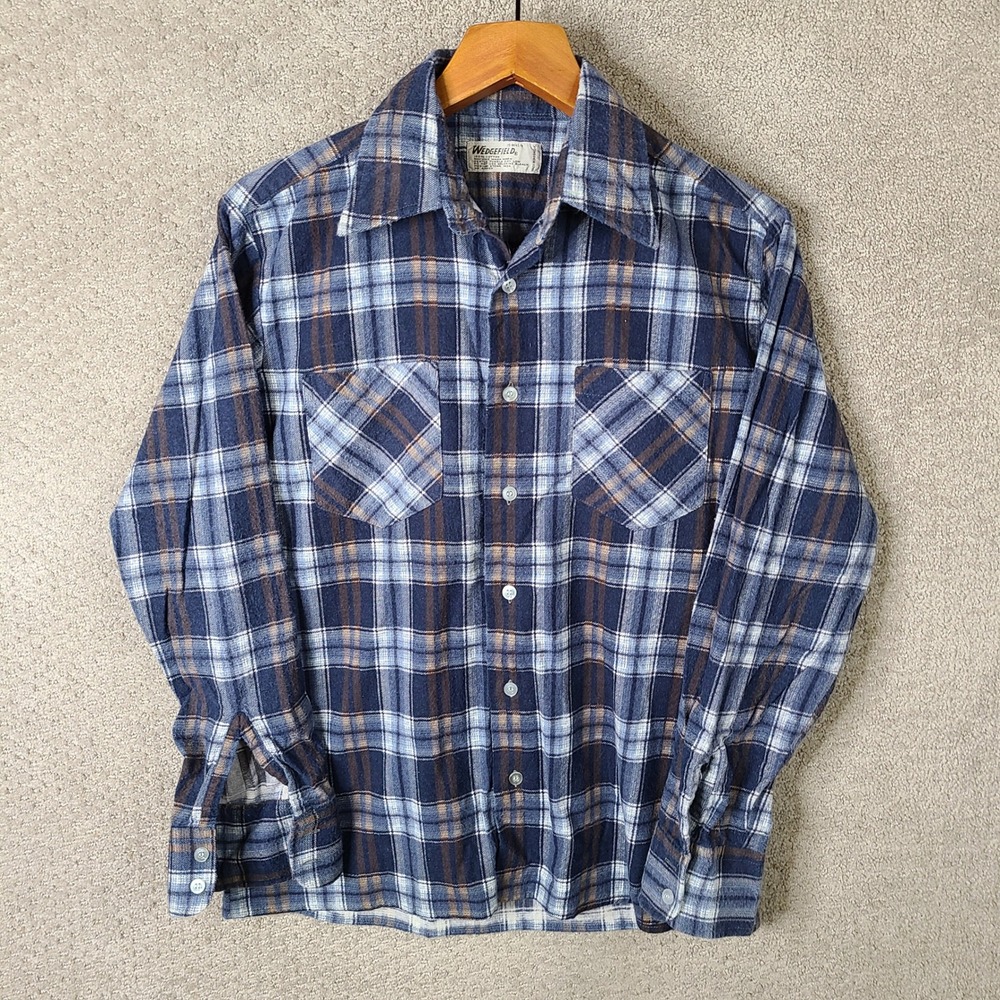 Vintage Wedgefield Shirt Mens M 15-15.5 Blue Plaid Button Down Flannel Cotton